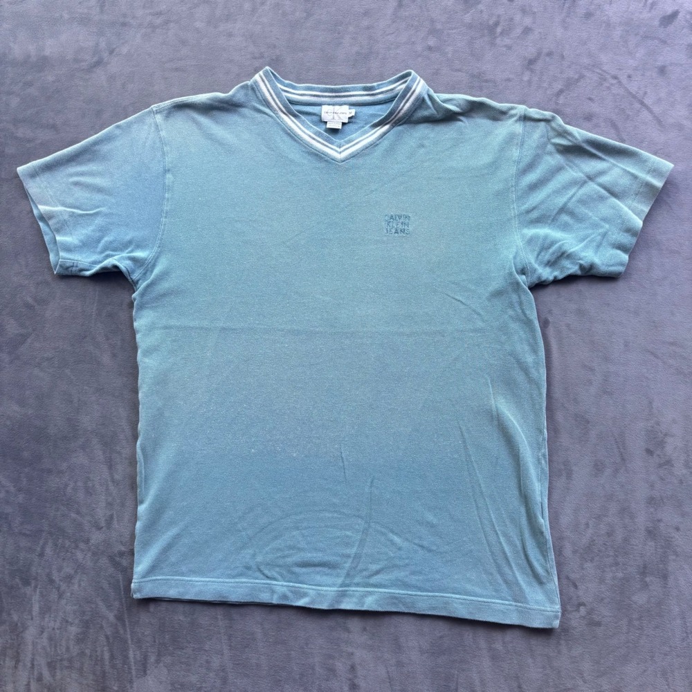 Vintage Calvin Klein Jeans V-Neck Striped Collar T-Shirt Blue Green Mens Medium